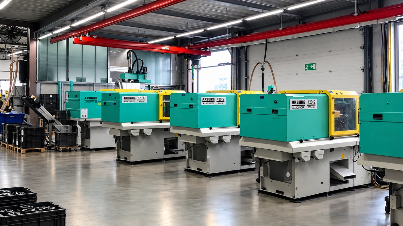 ARBURG-Spritzgießmaschinen in der Fertigung; schwarze Behälter links, freier Bereich vor dem Rolltor